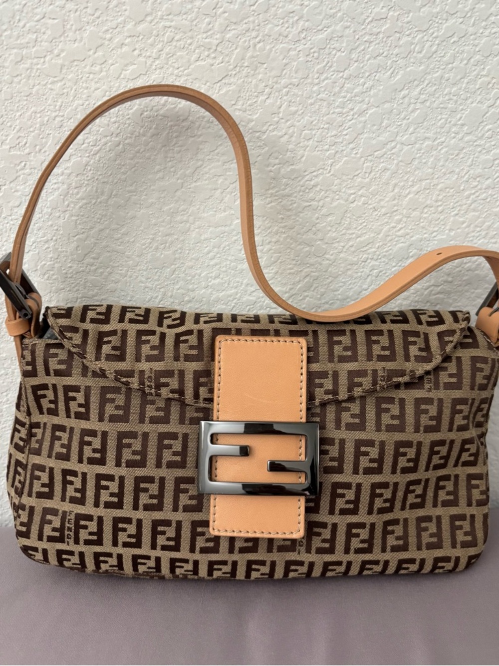Fendi Brown Zucca Monogram Shoulder Bag with Beige Leather Accent
